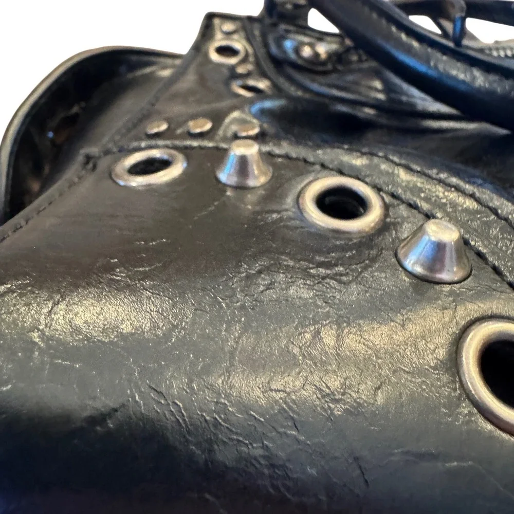 Steve Madden Bmiley Black Distressed Grommet Studded Crossbody Satchel Bag